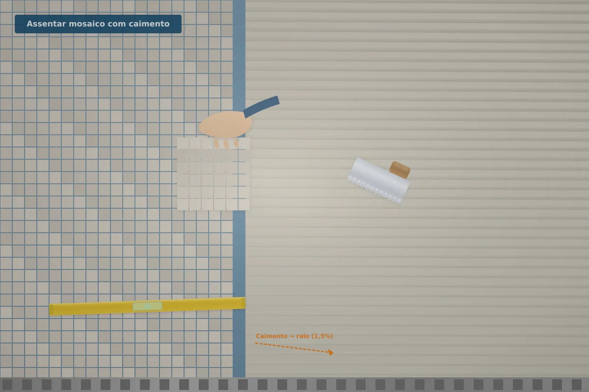 Assentamento de mosaico 2,5×2,5 cm em pavimento de cabine de duche em obra com talocha dentada — verificação do caimento com nível de bolha em direção ao ralo