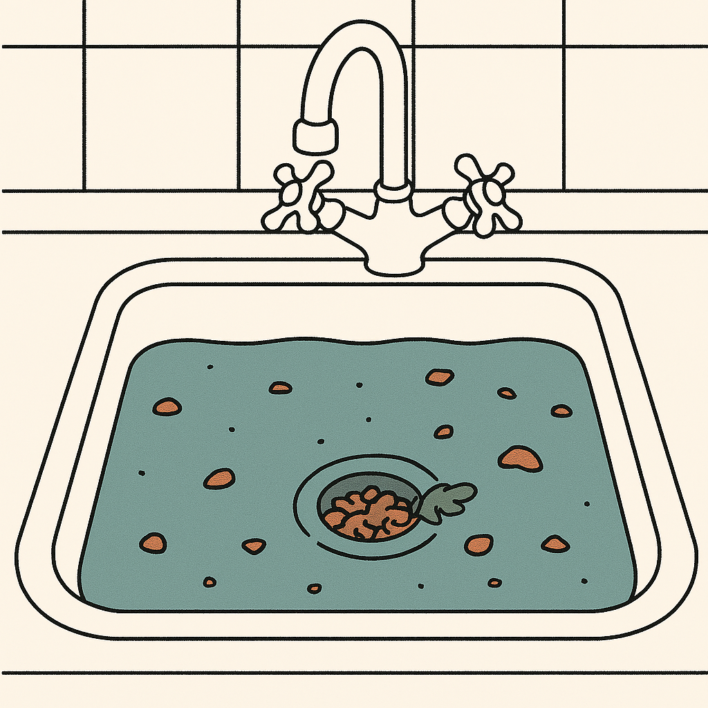 Lavatório da cozinha com água parada e entupimento no ralo