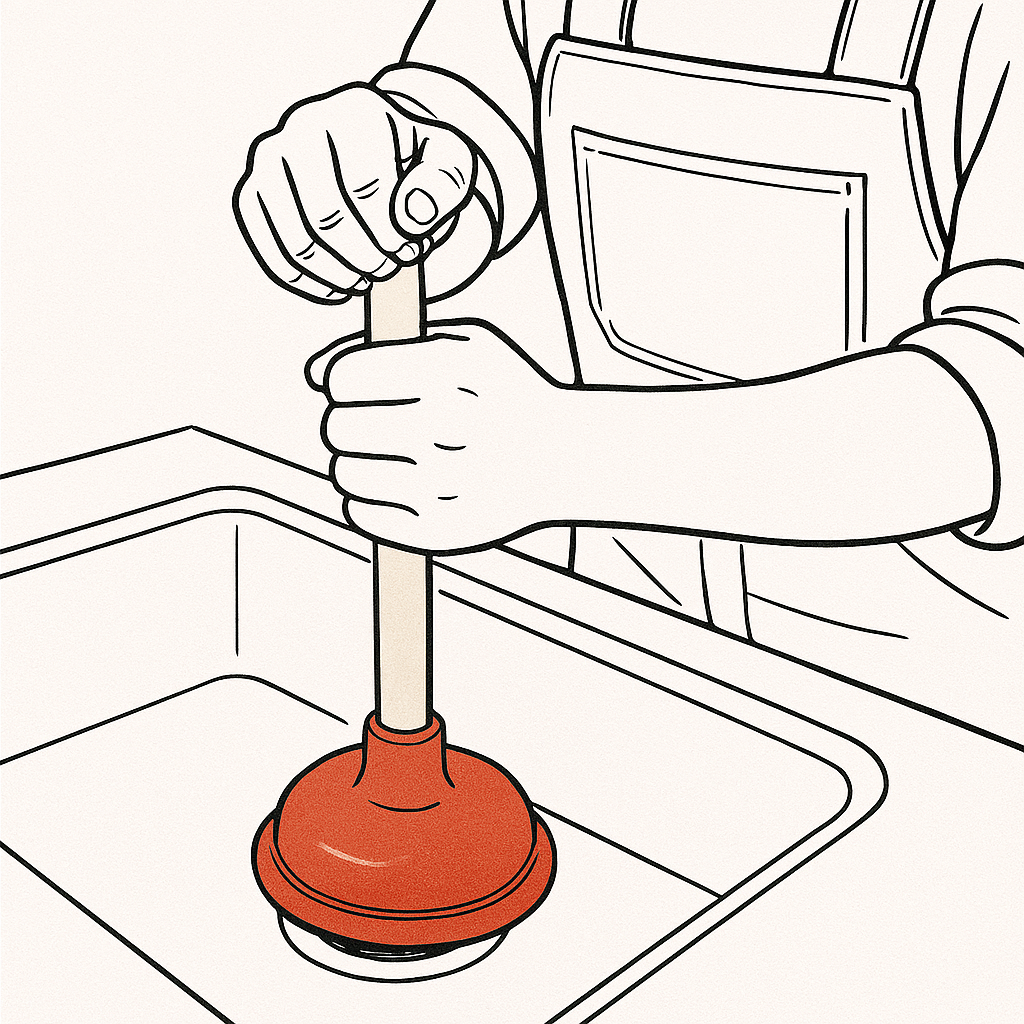 Mãos a usar um desentupidor de ventosa sobre o ralo do lavatório da cozinha