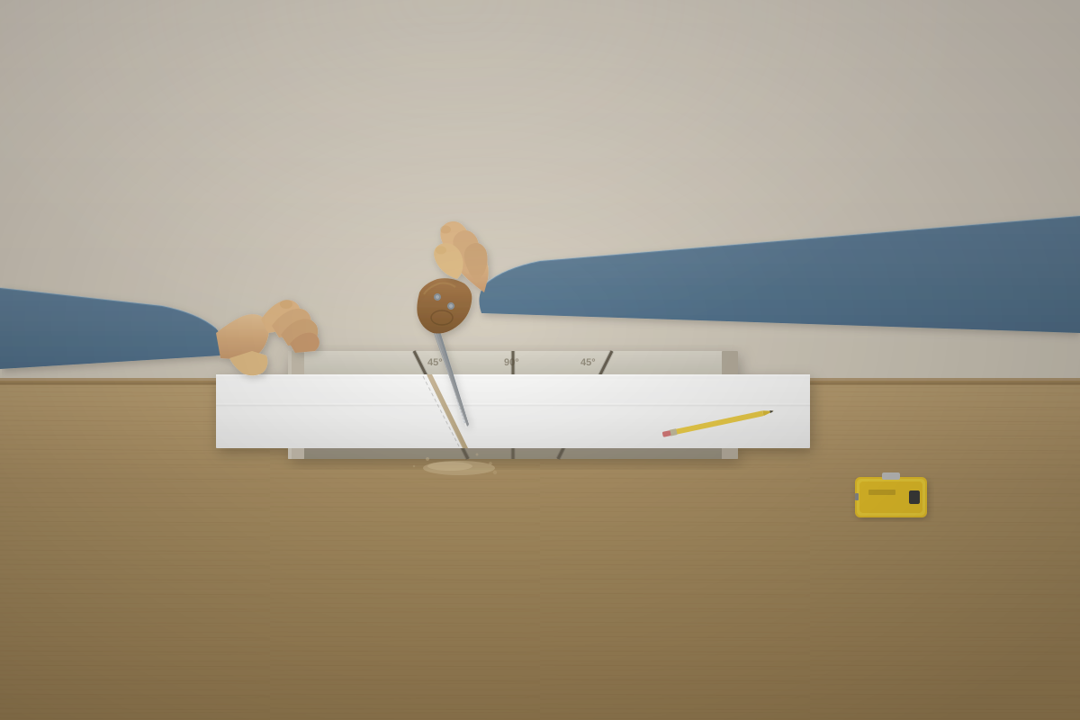 Corte de rodapé em ângulo de 45° com caixinha de esquadria