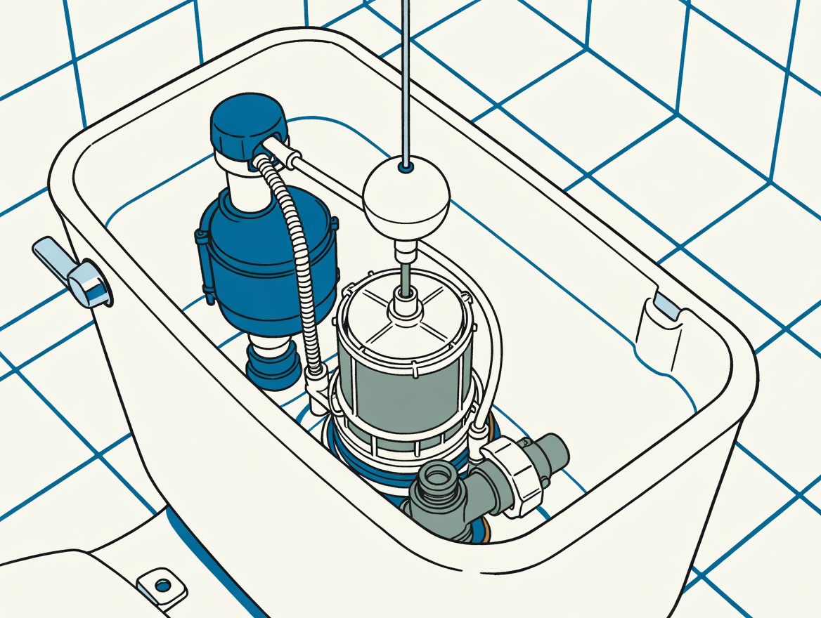Componentes do interior do autoclismo: válvula de enchimento, boia e mecanismo de descarga